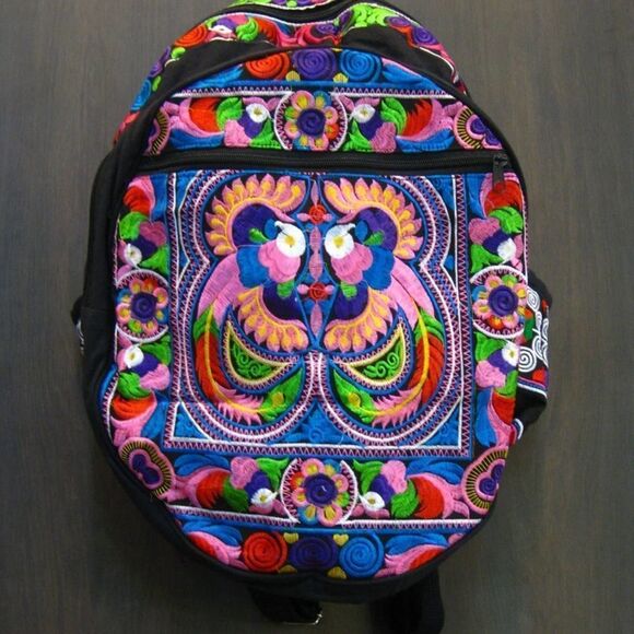 HMONG HILL TRIBE EMBROIDERED PEACOCK BACKPACK IN PURPLE main image 5